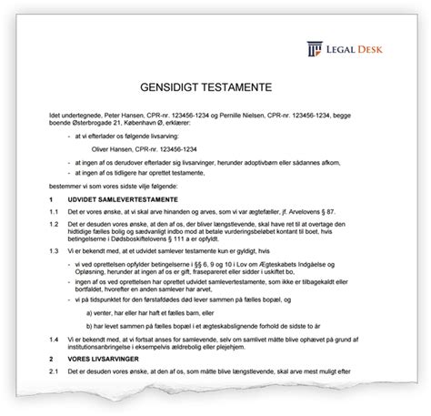 skabelon til testamente|Testamente